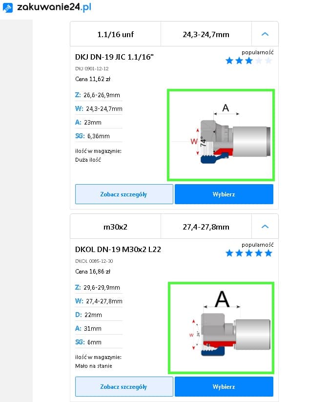Rysunki końcówek hydraulicznych