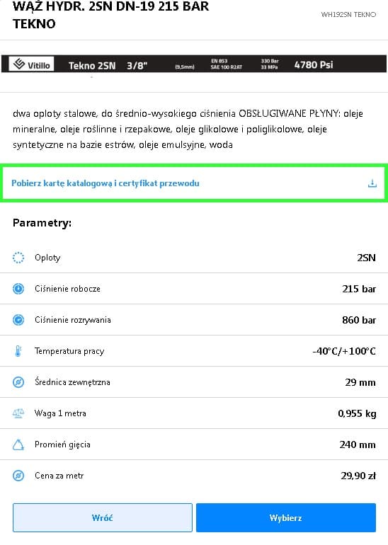 Szczegóły techniczne węża hydraulicznego
